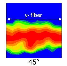 ODF section at φ2 = 45o  on the RD-TD plane, of the optimized annealed cycle sample from GRADE A (B/N=0) illustrating fully developed γ-fibre beneficial for deep drawing